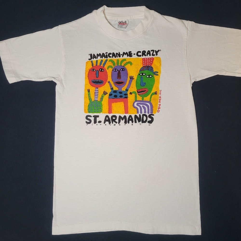 Vintage Single Stitch Anvil Youth White Cotton T-Shirt "Jamaican Me Crazy"